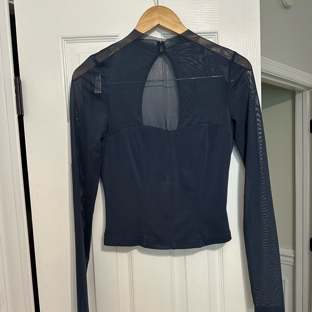 Elegant Navy Blue Sheer Long Sleeve Top